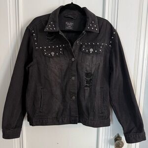 Love Tree Black Studded Distressed Jean Jacket
